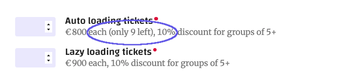 Screenshot of performance.now() ticket shop, with only  nine mid-tier tickets left (highlighted).