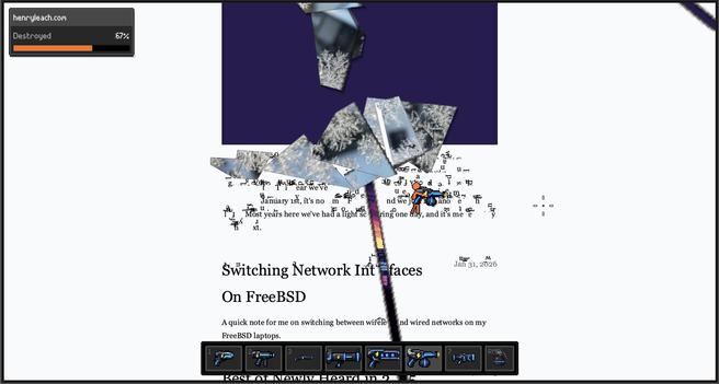 A screenshot of a website. A character with a weapon has shattered some of the blog images and garbled some of the text. A progress bar of destruction shows on the top-left; an options carousel of weapons shows at the bottom.