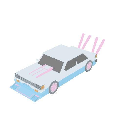 A gif showing a low poly car rotating. It is grey and boxy; the bottom half of the car is sky blue, there are pink stripes on the bonnet, four big pink exhausts sticking in the air, and pink hubcaps.