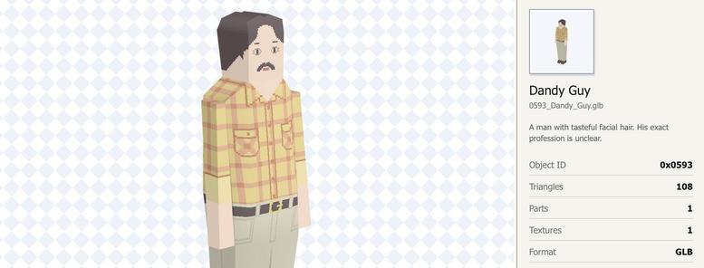 A partial screenshot from the Katamari Object Library showing ‘Dandy Guy: A man with tasteful facial hair. His exact profession is unclear.’ The model is a blocky representation of a main with brown hair, a brown moustache, and a predominantly yellow chequered shirt.
