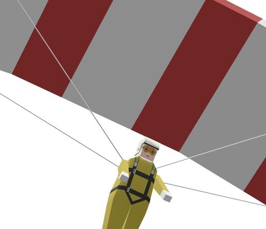 A shot of ‘Parachute’ from We Love Katamari, from the Katamari Object Library. It shows a yellow parachutist with four strings attached to their shoulders, and a white and red striped parachute partially visible behind them