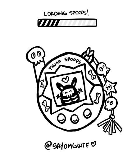 spoopshow doodle! a cute tamagotchi like gadget that has a cute spoopy creature inside and a bar on top that says "loading spoops"
