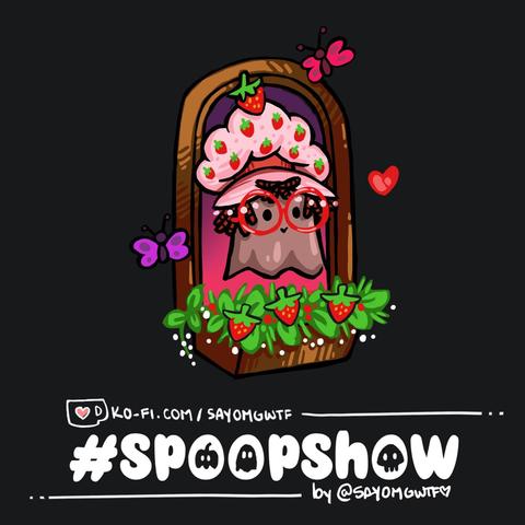 spoopshow doodle! a ghostie on a window with a hat and hair like strawberry shortcake, colorful doodle on a gray background