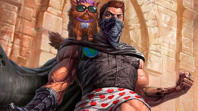 A muscular man in heart-patterned shorts and bandana, cape, and Earth patch carries a crowned cat with sunglasses against stone arches.