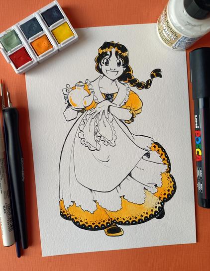 Foto de un dibujo entre varias herramientas (acuarelas, plumillas, tinta blanca, rotuladores...). El dibujo es de Margarita sosteniendo una tetera y ofreciéndola con una sonrisa enorme.