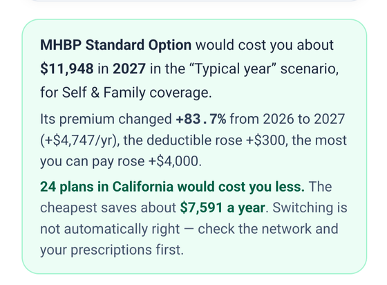 Screenshot of a tool showing that the poster's health care premiums will rise 86.7% this year. (This is just one year after leaving a previous option that also increased by 80%.)