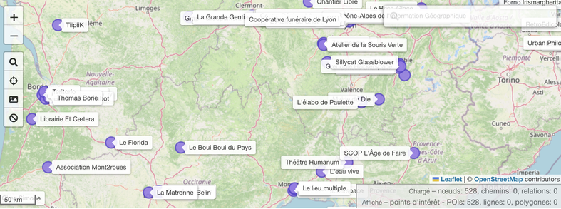 Une carte sur laquelle on voit des points d'intérêt qui correspondent à des lieux ayant indiqué un contact Mastodon