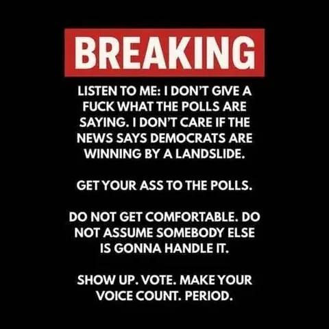 "Breaking news" style bulletin:

Breaking! Listen to me: I don't give a fuck what the polls are saying. I don't care if the news says the democrats are winning by a landslide. Get your ass to the polls. Do not get comfortable. Do not assume somebody else is gonna handle it. Show up. Vote. Make your voice count. Period.