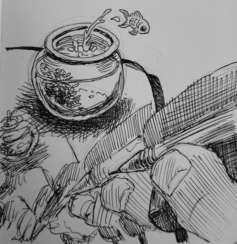 A drawing of a hand drawing on a sketchbook page on which a tiny fish is jumping out of a fishbowl. The drawing on the page is the scene, recursively.