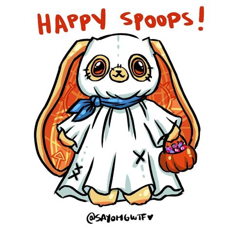 A quick silly doodle of Plushie Dreadfuls Happiness Rabbit with a silly ghostie costume for Halloween! Happy Spoops!
