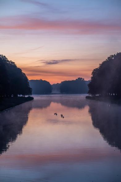 Sonnenaufgang über einem Weiher, der rot/orange Himmel spiegelt sich im Wasser. Auf dem Wasser schwimmen ein paar Vogel, rechts und links sind Bäume zu sehen, im Hintergrund ebenfalls.