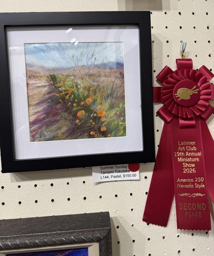 A small square pastel painting titled "Summer Sunday" with a red ribbon on the side. It won the second place in pastel division.