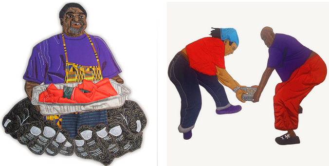 Left: a male figure holding a foil tray and wearing an apron rises out of a pair of hands. Right: two figures lift and move a heavy object