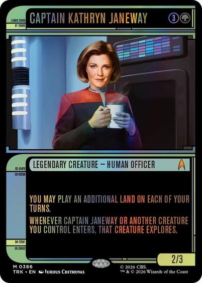 A card design from an upcoming Star Trek MTG deck featuring an LCARS design with an image of Kathryn Janeway drinking her favourite coffee.