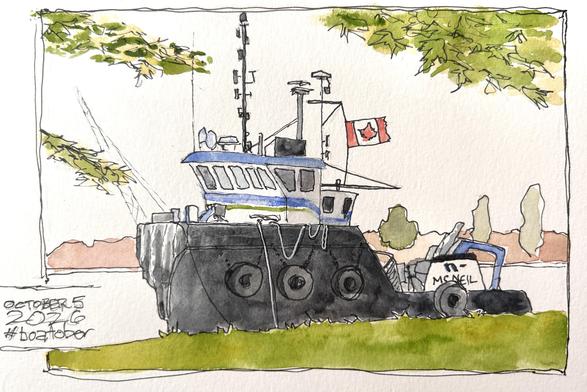 Sketch of a boat tied up to a grassy bank