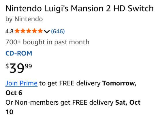 Dark text on a light background includes: "Nintendo Luigi's Mansion 2 HD Switch", "by Nintendo", "4.8", five orange stars, "700+ bought in past month", "CD-ROM", "$39.99".