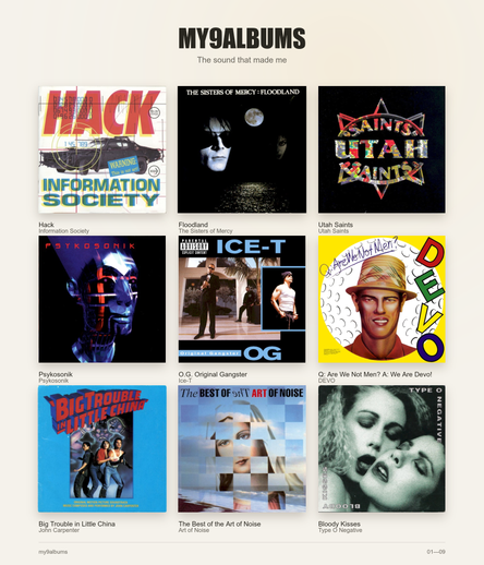 0. Information Society - Hack
1. Sisters of Mercy - Floodland
2. Utah Saints - Utah Saints
3. Psykosonik - Psykosonik
4. Ice-T - Original Gangster
5. Devo - Are we not men? We are Devo!
6. John Carpenter - Big Trouble In Little China (soundtrack)
7. Art of Noise - The Best of the Art of Noise
8. Type O Negative - Bloody Kisses