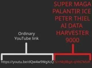 A graphic showing a youtube link with a "?si" section. The first half, "https://youtu.be/dQw4w9WgXcQ", is colored white and is labeled "Ordinary YouTube link". The latter half, containing the "?si=" portion is colored red and is labeled "SUPER MAGA PALANTIR ICE PETER THIEL AI DATA HARVESTER 9000".