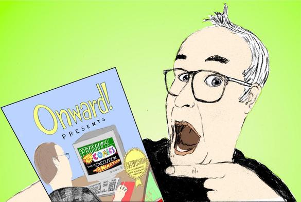 A drawing of myself holding the front page of my essay and pointing to it enthusiastically