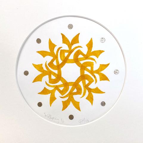 Frontal shot of a print made up of a stylised letter ayn in yolk-yellow ink with white gold dots, in a round-windowed matte, signed and numbered in pencil.