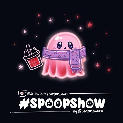 #SpoopShow doodle! Cute glowy pink ghostie with a chunky purple scarf and a translucent strawberry milk plastic cup, just being all ghostie and cozy and stuffs