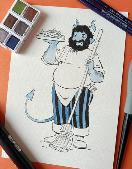 Foto de un dibujo sobre fondo naranja rodeado de herramientas de dibujo. Es Jacin sosteniendo una escoba y un plato de churros, con un trapo en el hombro.