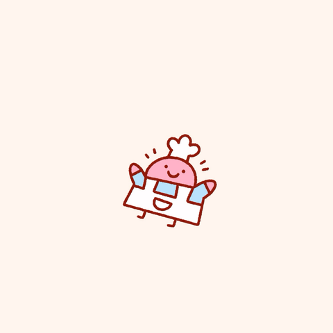 Drawing of a tiny chef. Pink blob character in a white apron and chefs hat over a blue shirt. Small silly doodle