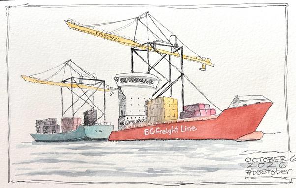Two large ships under huge cranes in a port