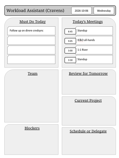 A "Workload Assistant" sheet dated today, with sections "Must Do Today", "Today's Meetings", "Team", "Blockers", "Review for Tomorrow", "Current Project" and "Schedule or Delegate".