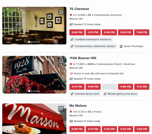 Screen recording of a list of restaurants laid out in two columns, with a hero shot and some information about the restaurants as well as available times for reservations. Almost all of the UI is jittering up and down as the rendering engine keeps changing its mind about wrapping one line of text.