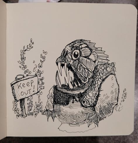 Ink drawing of popular green ogre figure with ogre fish head. Sign says Keep Out!