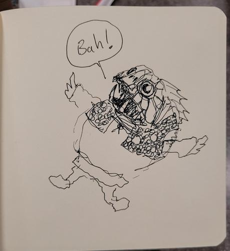 Round ogre body with fanged  fish head. Says Bah!