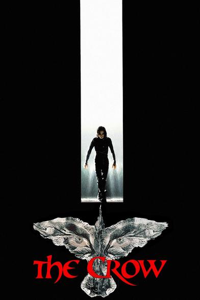 A poster for the film The Crow.

A mostly black poster has a think rectangle of light dropping down the centre of the image to highlight a figure dressed in black.

At the bottom of the poster is the image of a bird/crow, formed using a folded ink press technique. Also on the wings of the bird are human eyes.

In bright red is the title of the film, The Crow.
