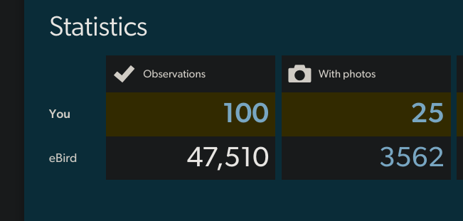 Statistics

You, Observations, With Photos
100, 25
ebird, 47, 510, 3562