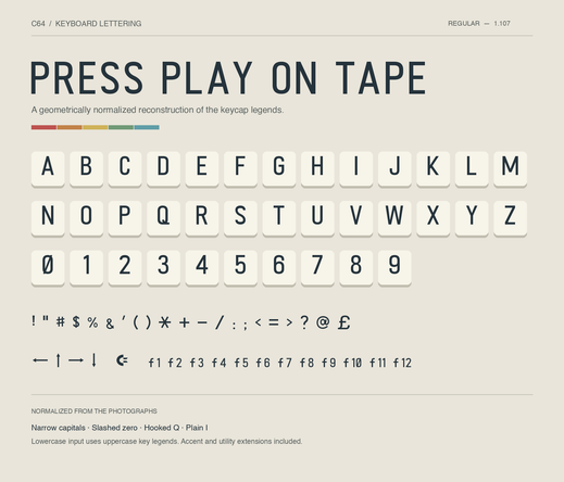A small type specimen for the font, showcasing most of the characters