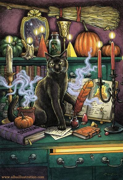 Ink and watercolor illustration of a black cat sitting on top of a desk covered in spellbooks, potions, lit candles of various sizes, pumpkins, crystals and stones... a magic mirror is on a shelf, and a broomstick hangs from the wall. A jar of incense emits sparkly tendrils of purple smoke. The cat is looking at the viewer, one paw raised as if it is about to knock over a jar of ink.