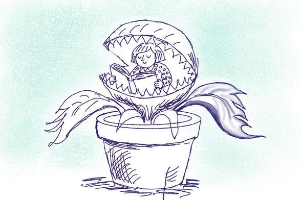A quick sketch of a girl in a polka dot shirt reading a book while ensconced in her carnivorous buddy.