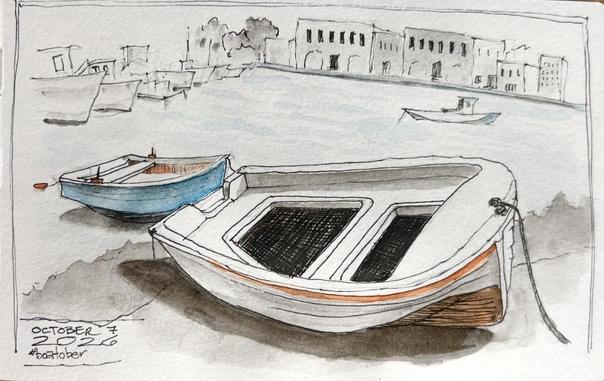 Ink and watercolor sketch of a beached rowboat in a harbor with several boats in the background. In blue, orange, and grey.