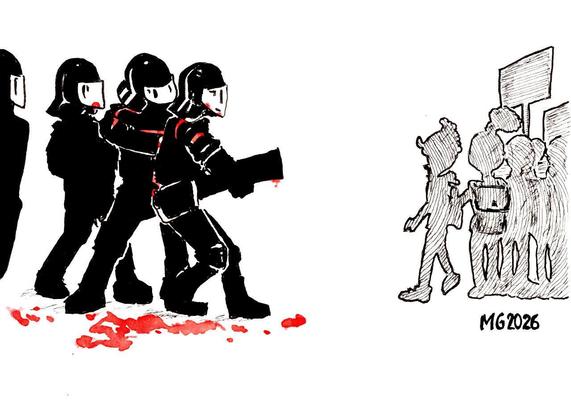 Drawing of anti-riot policemen in full protective gear and covered in blood firing at an high schooler protest.