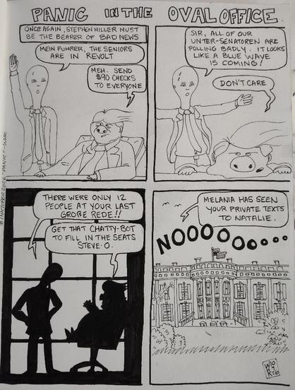 Another Terrible 4-panel comic, in B&W. Titled: Panic in the Oval Office
Panel 1: [Text Box] Once Again, Stpehen Miller must be the bearer of bad news. Image: Stepehn Miller, the walking anal polyp is sieg heiling the Chump, who is sitting at his desk in the oval office, looking piggish as usual. Miller: Mein Fuhrer, the Seniors are in revolt! The Chump replies: Meh. Send $90 checks to everyone.
Panel 2: Miller, flapping his arms and sweating: Sir all of our Unter-Senatoren are polling badly.It looks like a Blue Wave is coming! Chump, face down on his desk so his chins spread out in a puddle: Don't care.
Panel 3: Both characters and the room are in silhouette. Miller, hands on hips: There were only 12 people at your last GroBe Rede! (great speech.) Chump: waving a tiny hand: Get that chatty-bot to fill in the seat, Steve-O.
Panel 4: An exterior shot of the White House, in the style of Doonesbury, but much worse. Miller, in voiceover: Melanis has seen your private texts to Natalie. Chump: NOOOOOOooooooooooooo (floats across the page, like a great disturbance in the Force, as if a million piggy voices had cried out in pain then been silenced.