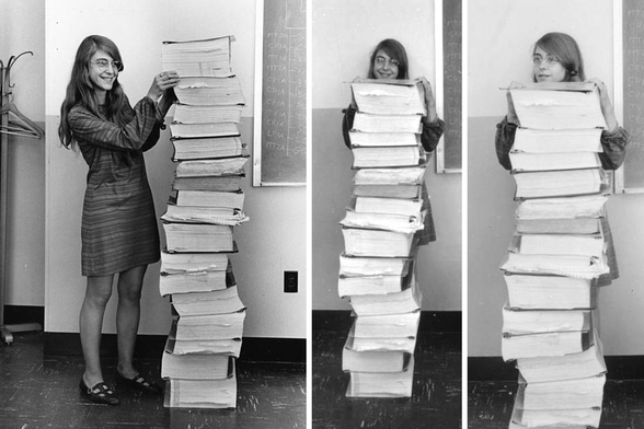 Computer scientist Margaret Hamilton poses with the Apollo guidance software she and her team developed at MIT.
Credits:
Image: MIT News, with photos via MIT Museum
