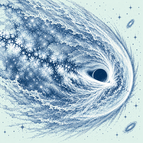 Blue-line artistic interpretation of RBH-1, a runaway supermassive black hole, and the bow shock it produces while traveling through surrounding gas. A dark circular black hole sits near the right center, surrounded by tightly curved accretion streams and a broad, crescent-shaped bow shock. Dense blue cross-hatching and swirling filaments depict turbulent gas flowing around the black hole, while bright star clusters and dark, branching clouds extend toward the left. Fine stars and distant spiral galaxies fill the pale mint background.