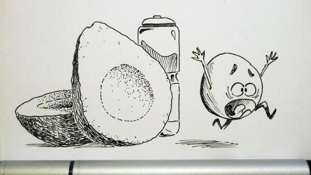 A kernel looking horrified and running away from an avocado split in half.