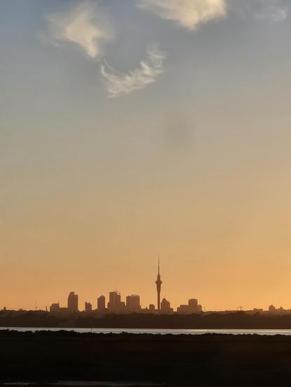 View from bus window of Auckland CBD in the distance looking peachy (as in the sky is clear & morning sun gives the sky a peach colour) on a clear morning.