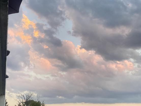 Gorgeous, billowy clouds, painted orange, pink, lavender, with glimpses of blue sky. A flat line of bluish clouds lies at the bottom of all these clouds and we can see sky that is tinted orange. We can see a few tree tops.