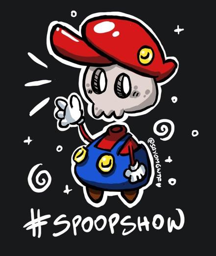 #Spoopshow doodle! It's a skeleton dressed up as Mario, red hat, blue overall. Throwback spoops from a few years ago.