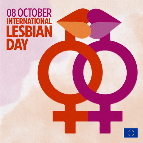 Graphic for International Lesbian Day on 8 October, featuring two large interlocking female gender symbols in orange and purple, topped with abstract lips in matching colours. “08 October International Lesbian Day” appears in the top-left, with the EU flag in the bottom-right corner.