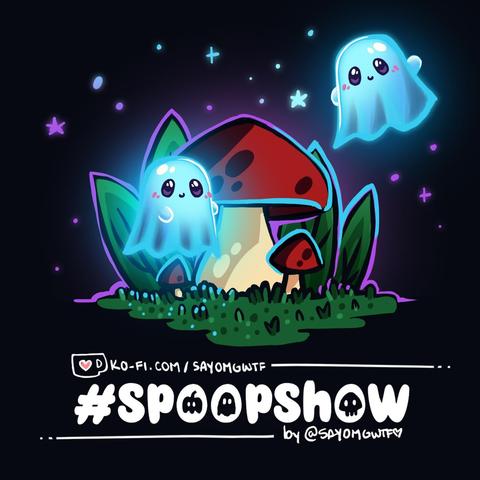 #SpoopShow doodle! Two glowy ghosties floating around a big red mushroom with vegetation around. Plotting away all 'em spoopy shenanigans for halloween and stuffs