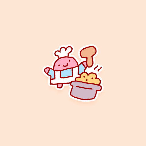 Sticker doodle of little chef with a wooden spoon and a pot of some sort of yellow food