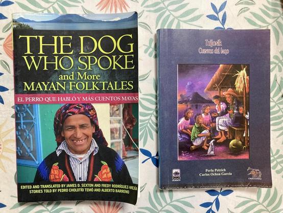 Two books:
THE DOG WHO SPOKE and More MAYAN FOLKTALES
EL PERRO QUE HABLÓ Y MÁS CUENTOS MAYAS
EDITED AND TRANSLATED BY JAMES D. SEXTON AND FREDY RODRÍGUEZ-MEJÍA STORIES TOLD BY PEDRO CHOLOTIO TEMO AND ALBERTO BARRENO
Tzijonik
Cuentos del lago
Perla Petrich Carlos Ochoa García
